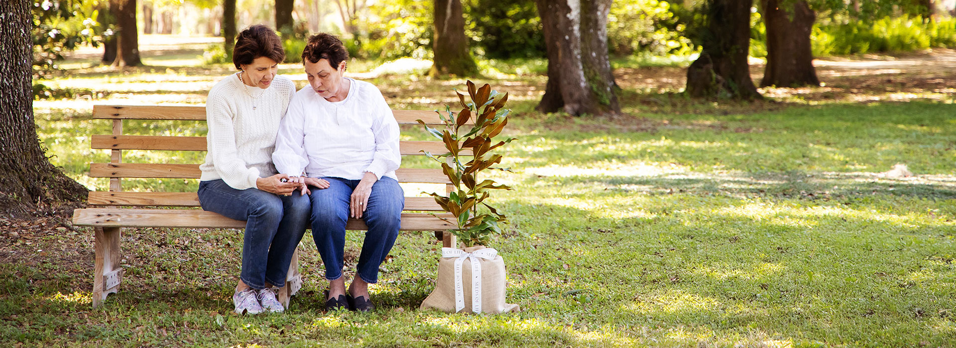 Mom and Daughter sitting on bench with gift tree