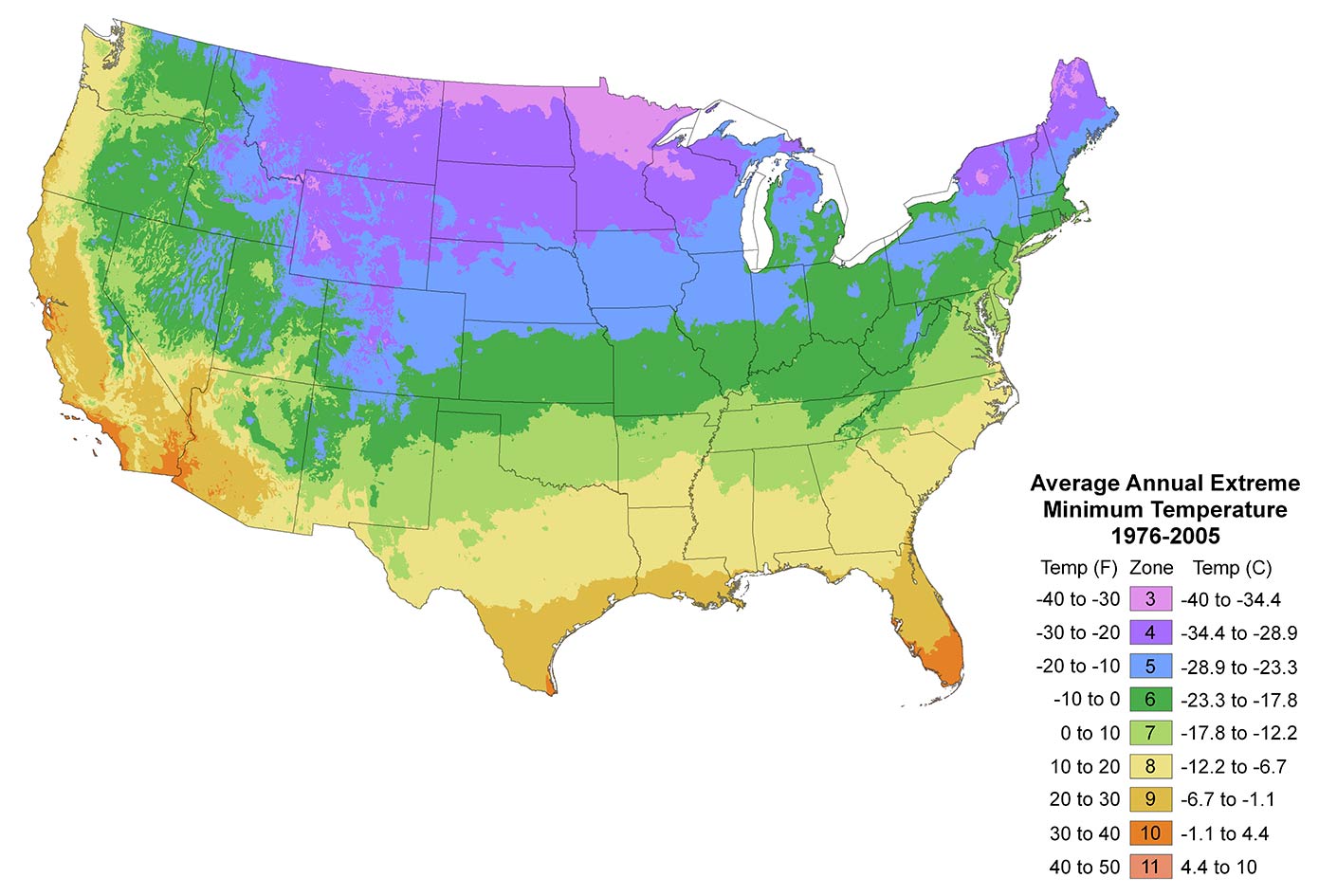 Color Map of the Upper 48 States showing Hardiness Zones